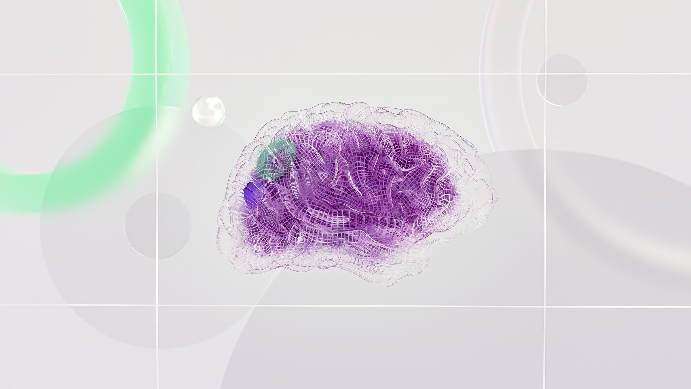 Translucent wireframe rendering of a human brain in violet, floating among soft glass rings and spheres