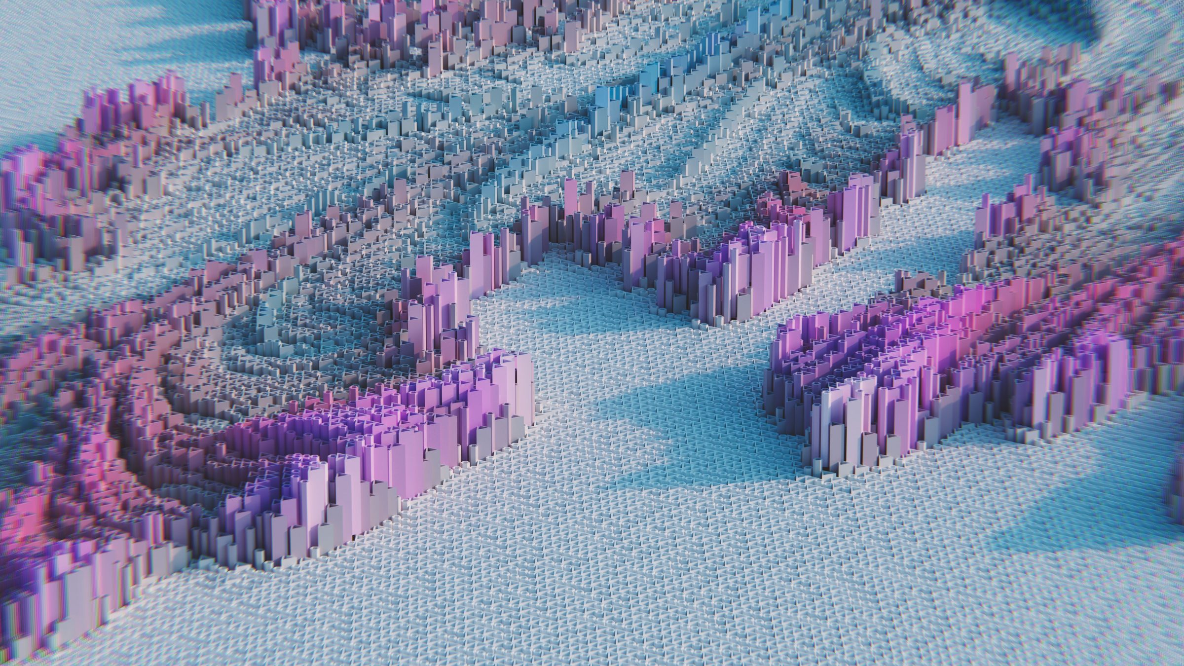 Abstract landscape of columns in lavender, pink and pale blue rising from a soft lattice